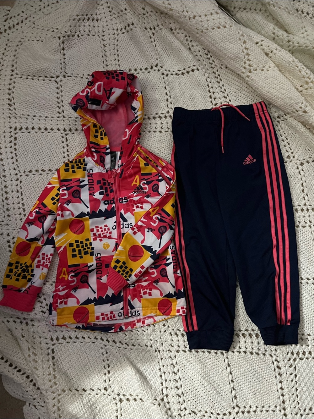 adidas Girls' Pink, Yellow & Navy Graphic Hoodie with Pink-Striped Navy Joggers